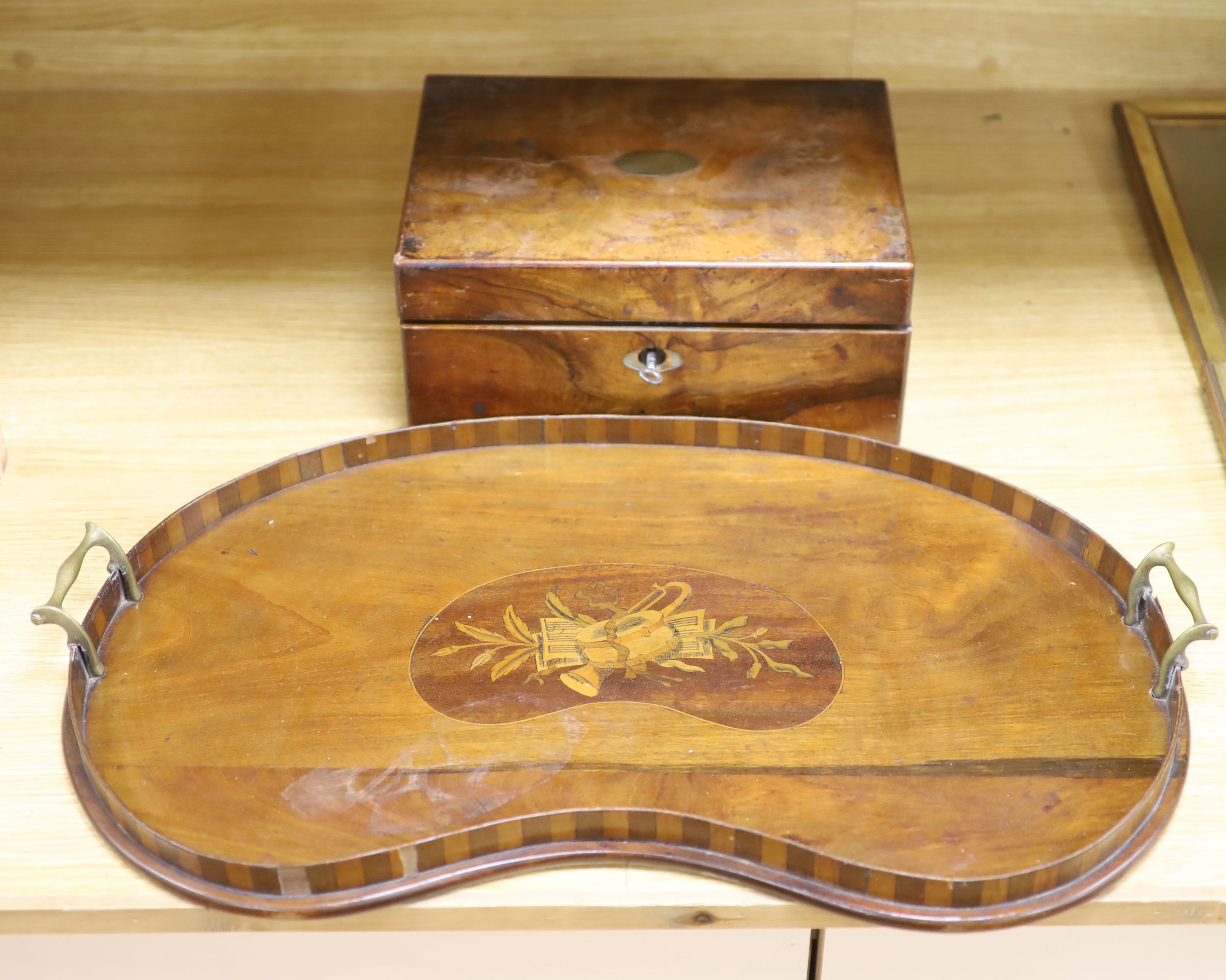 An Edwardian mahogany and marquetry kidney tray, length 61cm, and a Victorian walnut writing box